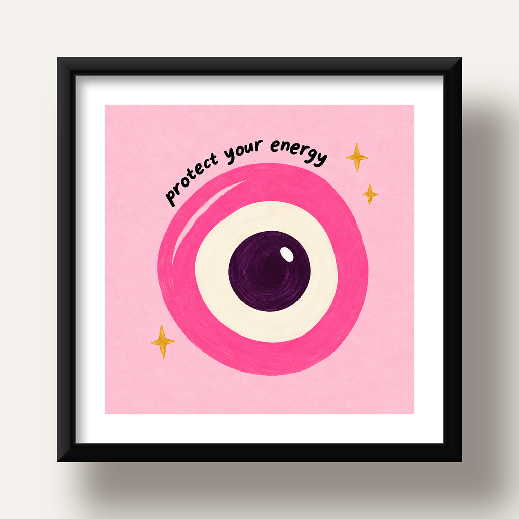 Protect Your Energy Pembe Nazar Poster — siyah derin çerçeveli paspartulu