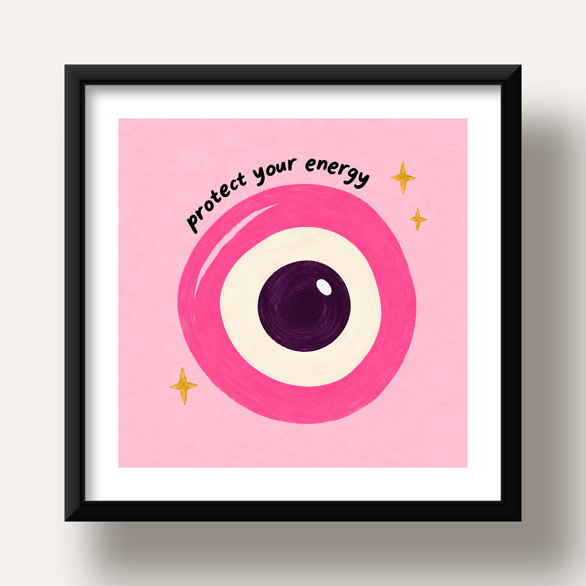 Protect Your Energy Pembe Nazar Poster — siyah derin çerçeveli paspartulu