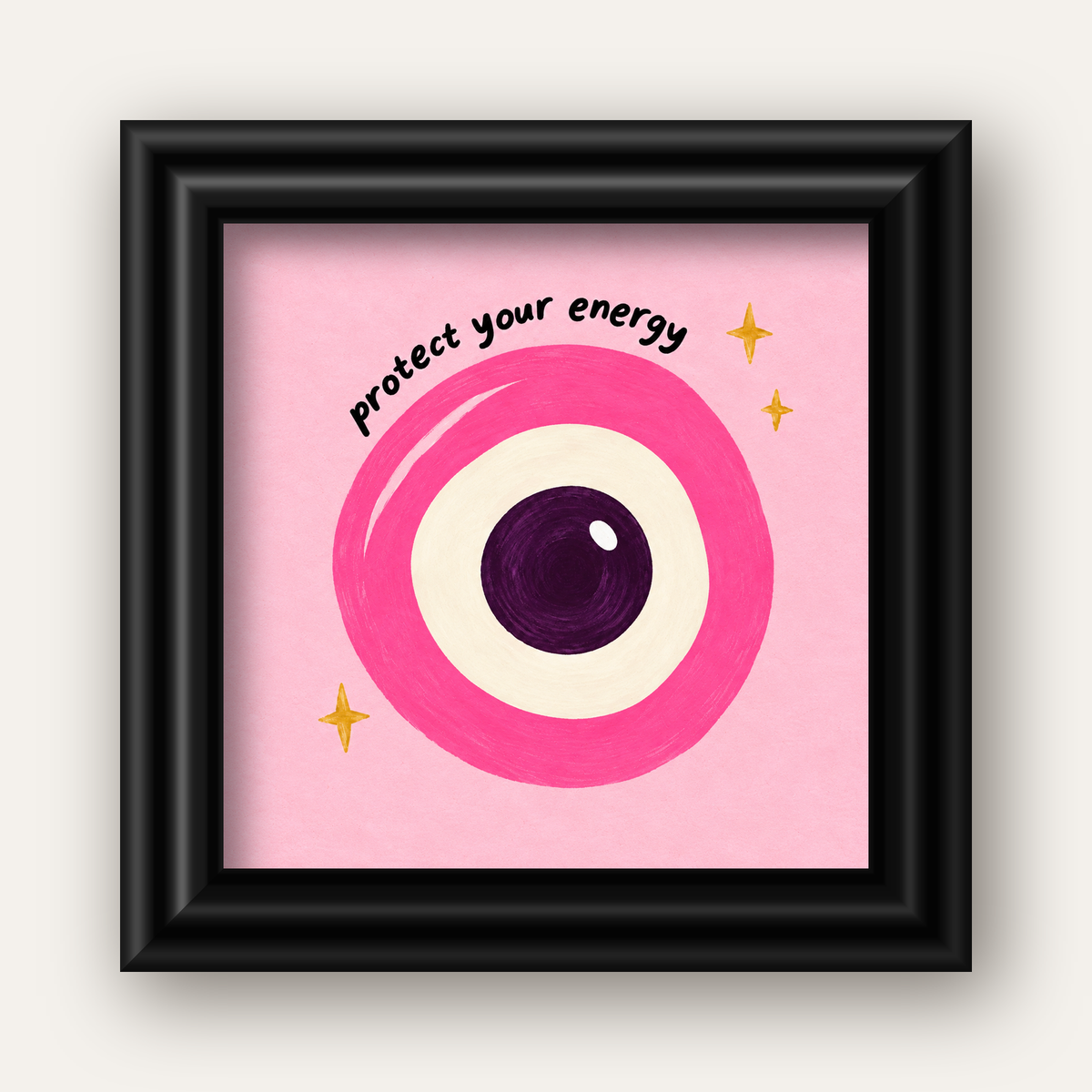 Protect Your Energy Pembe Nazar Poster — siyah galeri çerçeveli