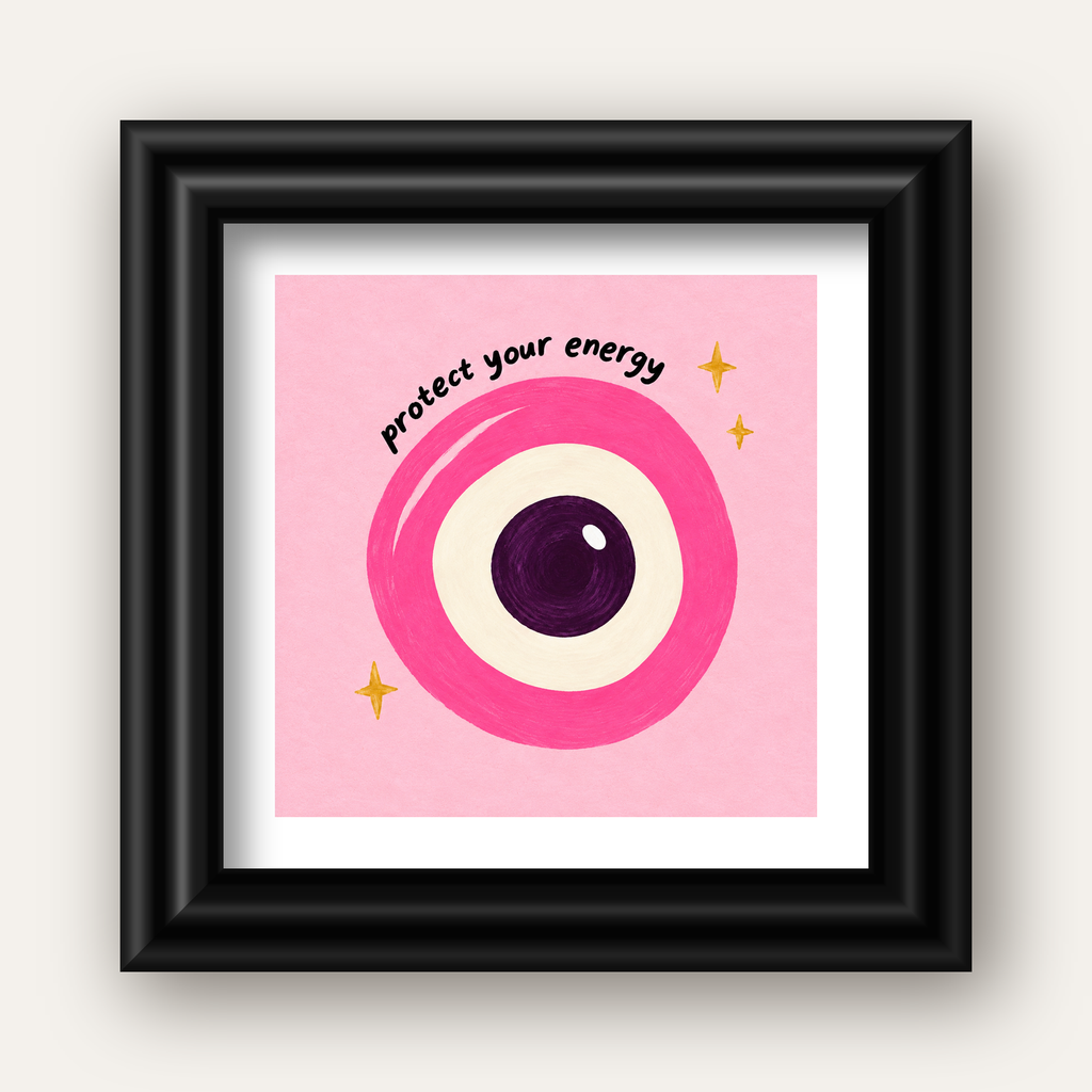 Protect Your Energy Pembe Nazar Poster — siyah galeri çerçeveli paspartulu