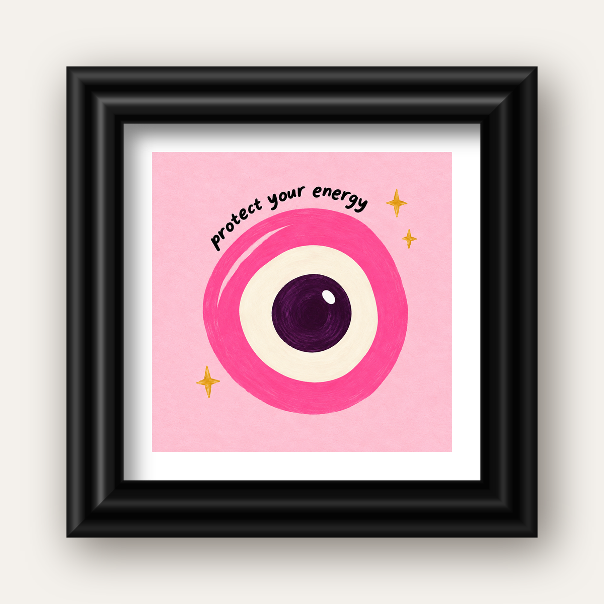 Protect Your Energy Pembe Nazar Poster — siyah galeri çerçeveli paspartulu
