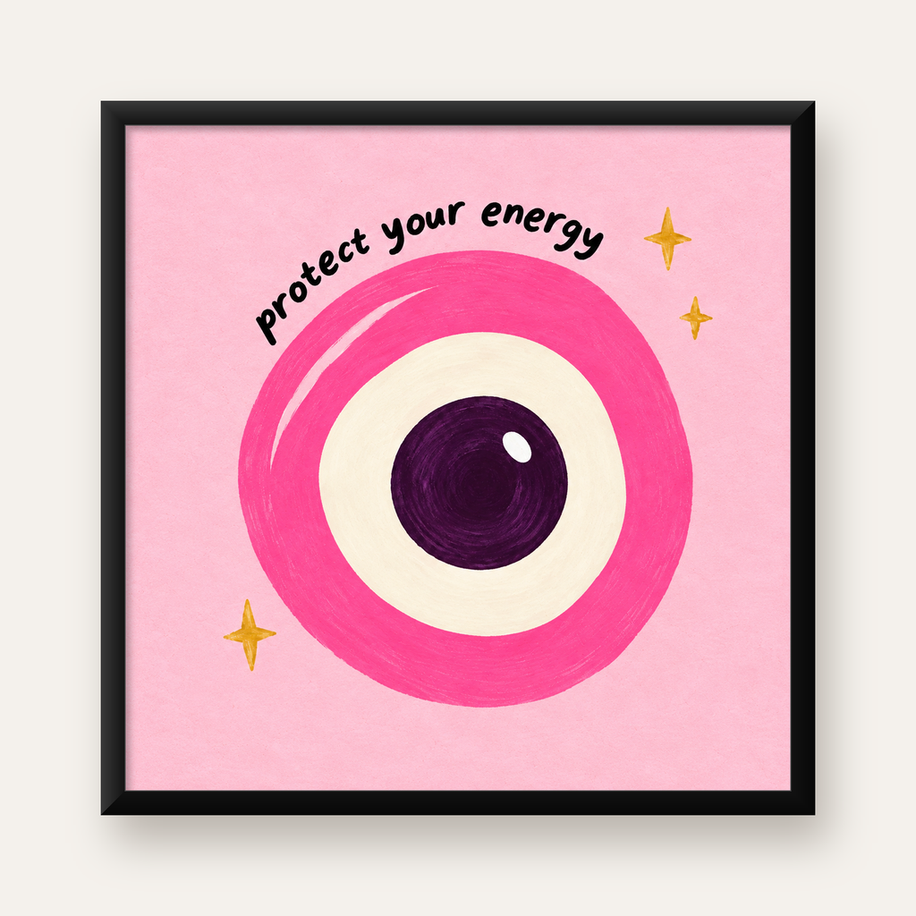 Pembe Nazar Boncuğu İllüstrasyonlu Modern Poster, Suluboya — Kare baskı, düz siyah çerçeveli duvar posteri