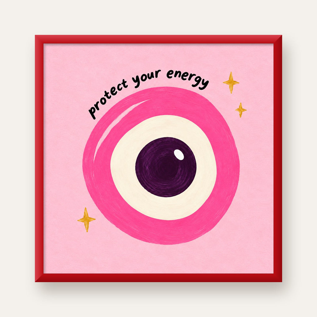 Protect Your Energy Pembe Nazar Poster — kırmızı çerçeveli