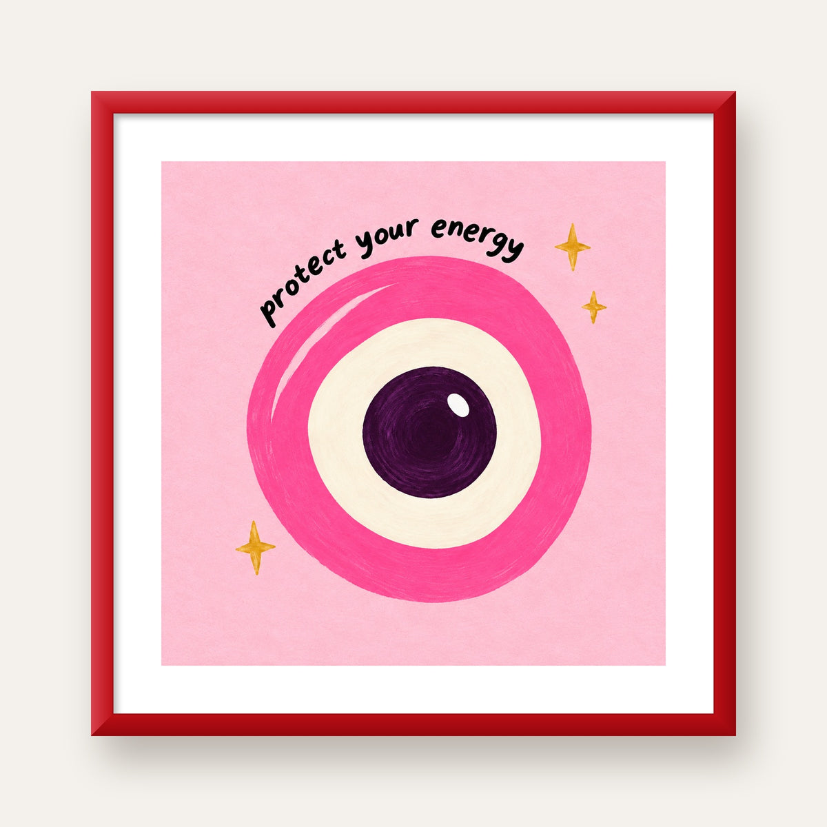 Protect Your Energy Pembe Nazar Poster — kırmızı çerçeveli paspartulu