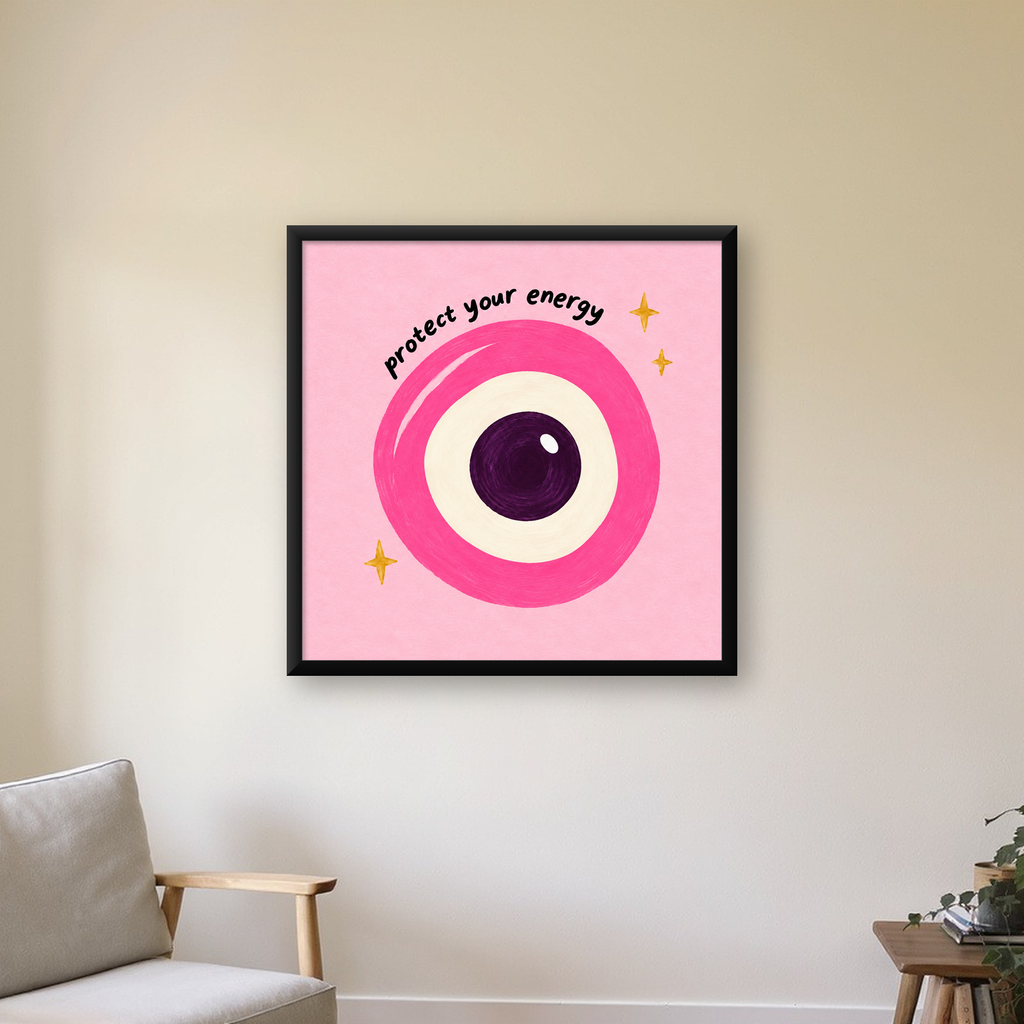 Pembe Nazar Boncuğu İllüstrasyonlu Modern Poster, Suluboya — Kare baskı, çerçeveli hâliyle bir ev duvarında