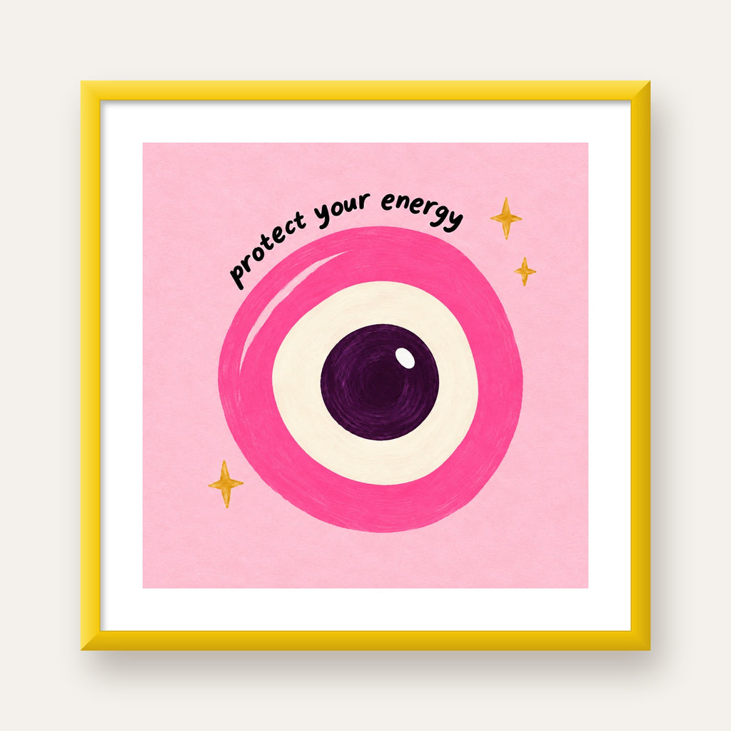 Protect Your Energy Pembe Nazar Poster — sarı çerçeveli paspartulu