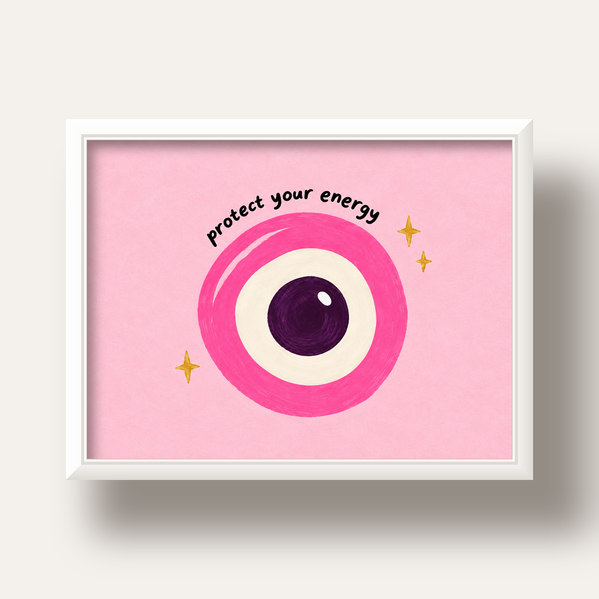 Protect Your Energy Pembe Nazar Poster — beyaz derin çerçeveli