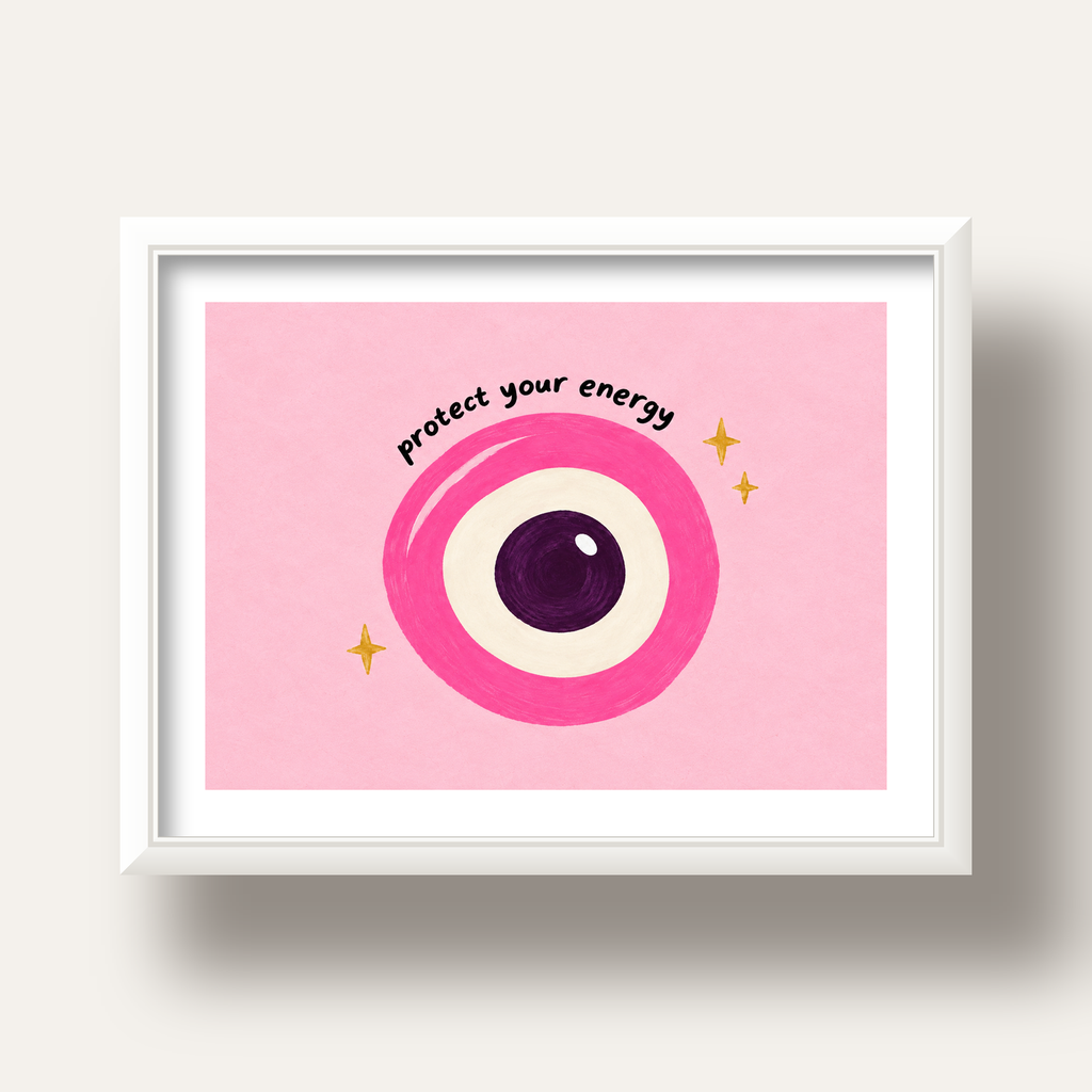 Protect Your Energy Pembe Nazar Poster — beyaz derin çerçeveli paspartulu