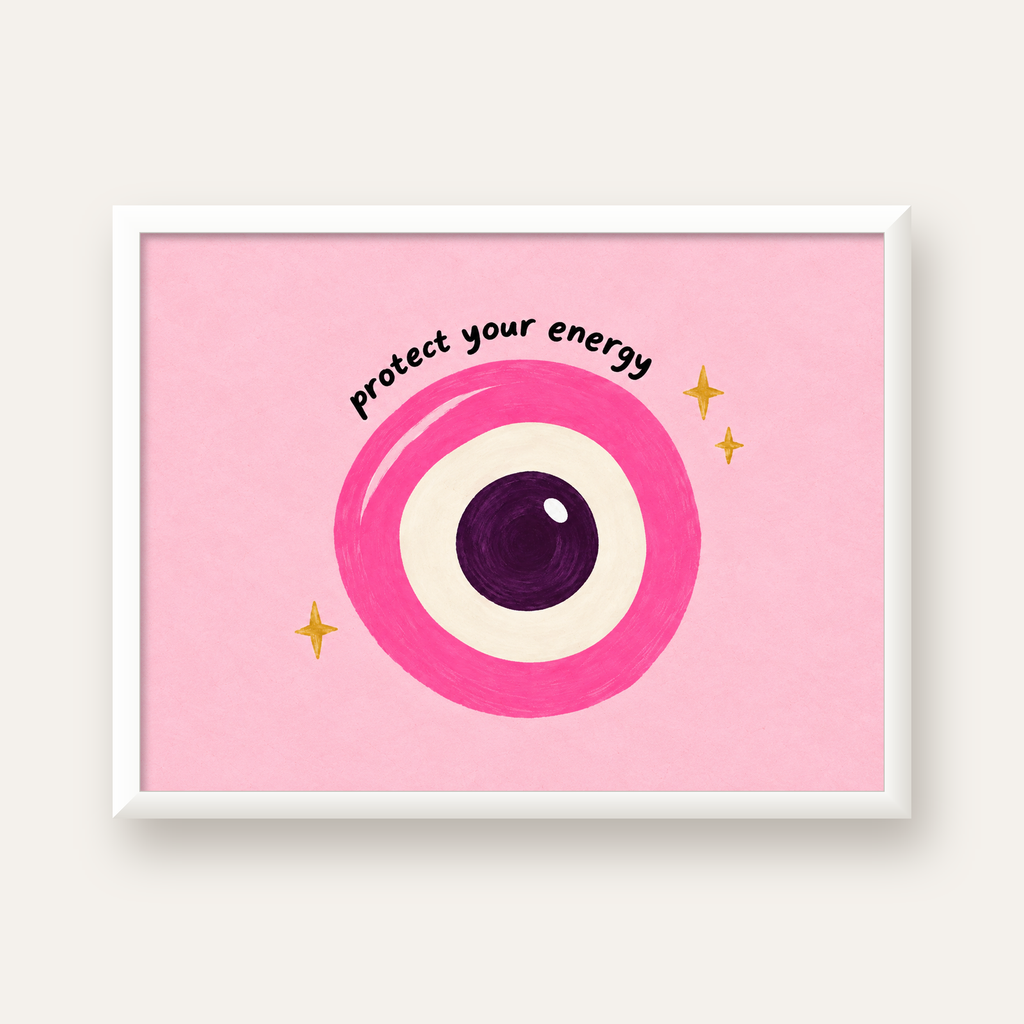 Protect Your Energy Pembe Nazar Poster — beyaz çerçeveli yatay poster