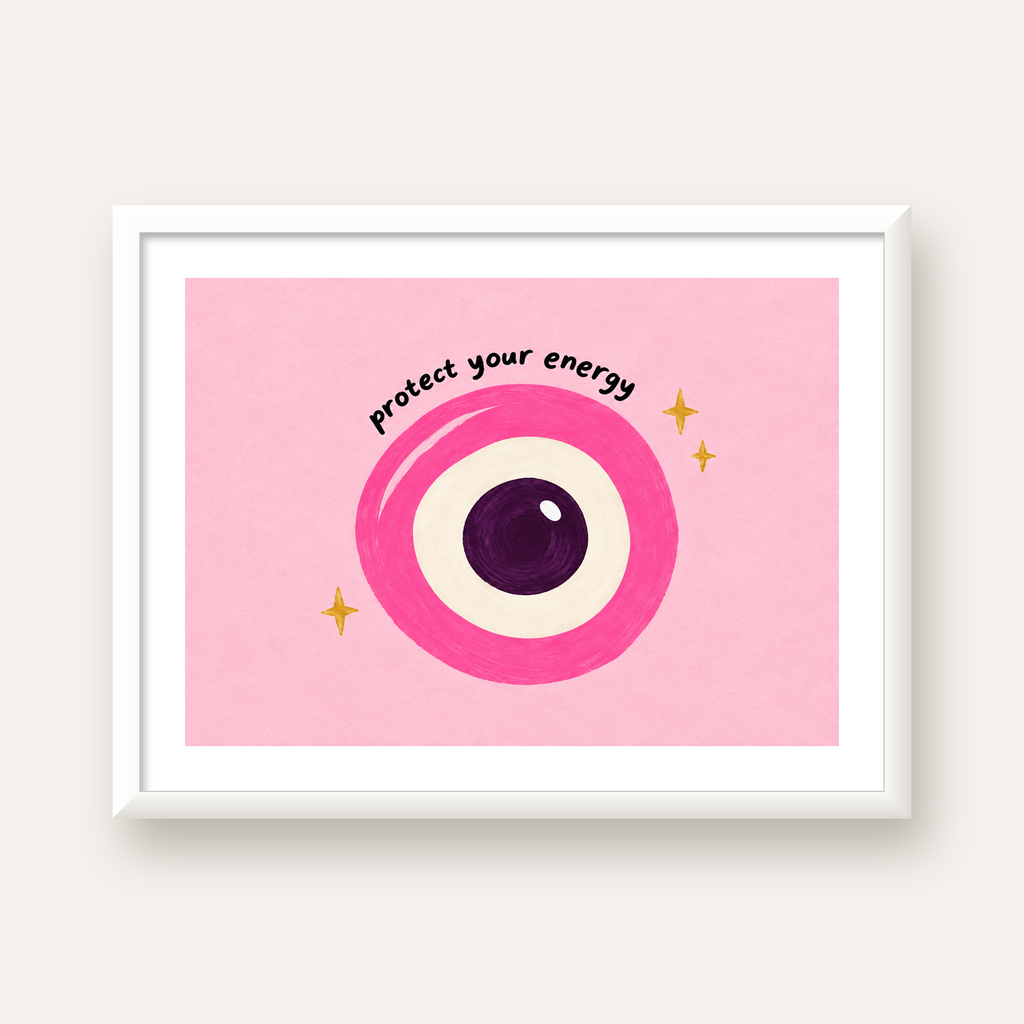 Protect Your Energy Pembe Nazar Poster — beyaz çerçeveli yatay poster