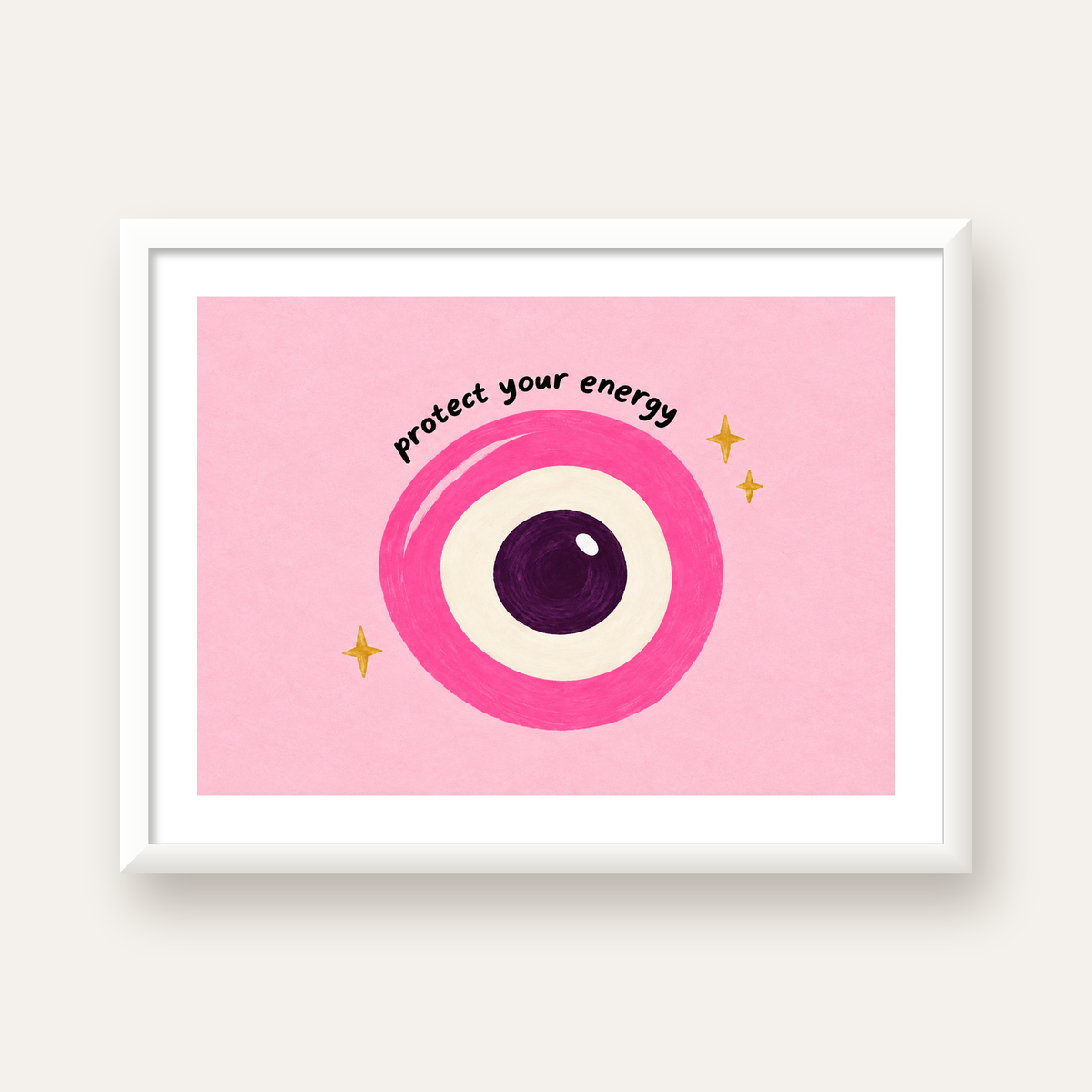 Protect Your Energy Pembe Nazar Poster — beyaz çerçeveli yatay poster