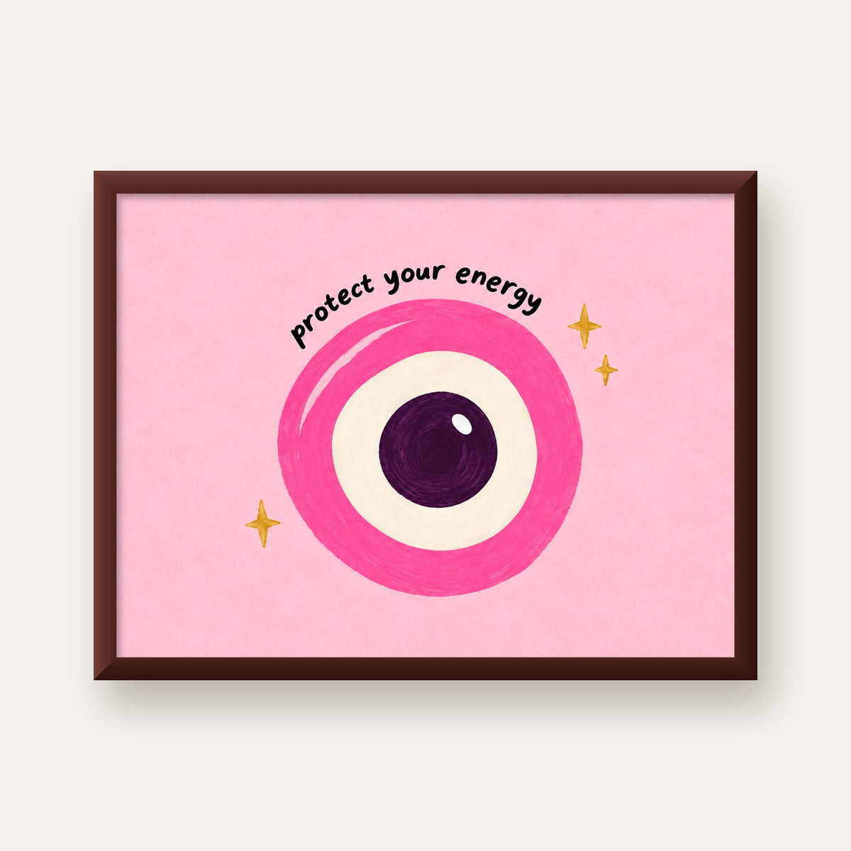 Protect Your Energy Pembe Nazar Poster — ceviz çerçeveli