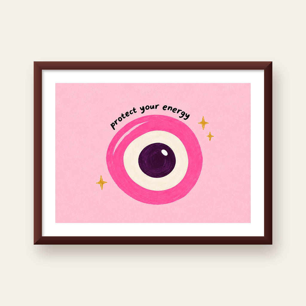 Protect Your Energy Pembe Nazar Poster — ceviz çerçeveli paspartulu