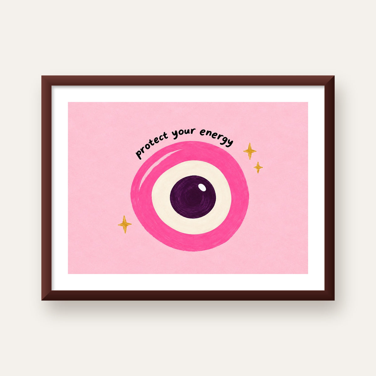 Protect Your Energy Pembe Nazar Poster — ceviz çerçeveli paspartulu