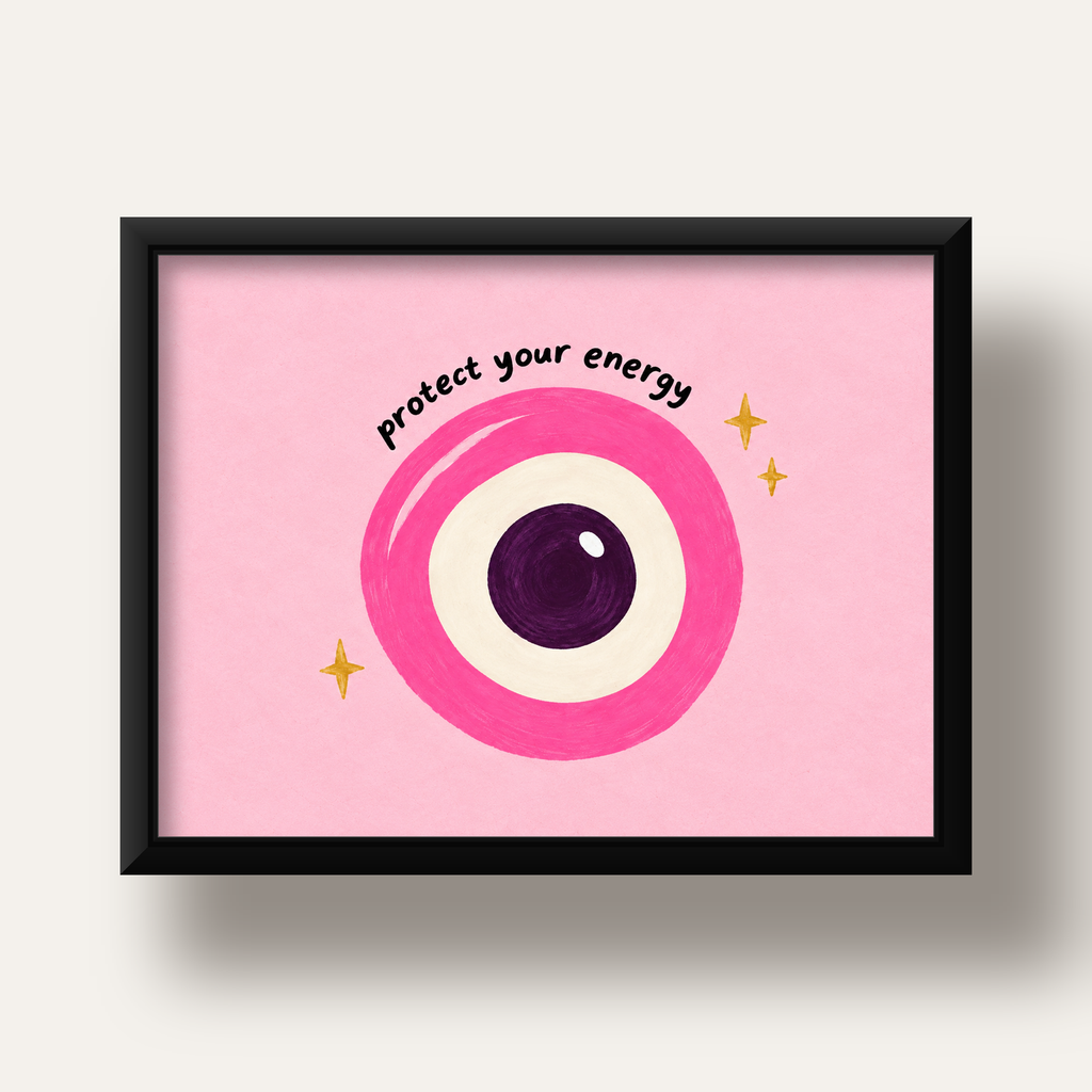 Protect Your Energy Pembe Nazar Poster — siyah derin çerçeveli