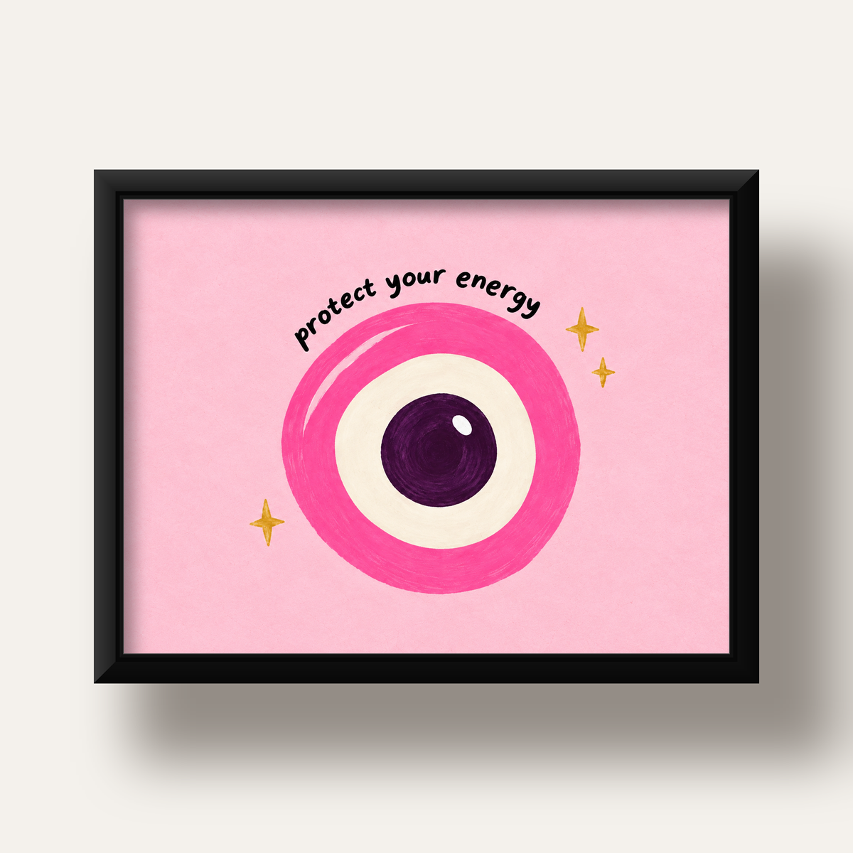 Protect Your Energy Pembe Nazar Poster — siyah derin çerçeveli