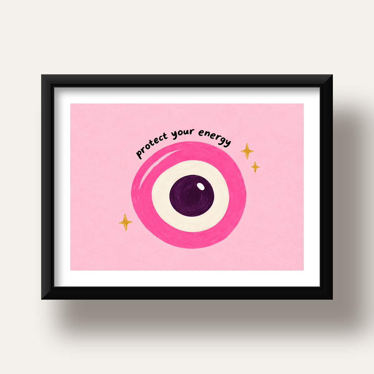 Protect Your Energy Pembe Nazar Poster — siyah derin çerçeveli paspartulu