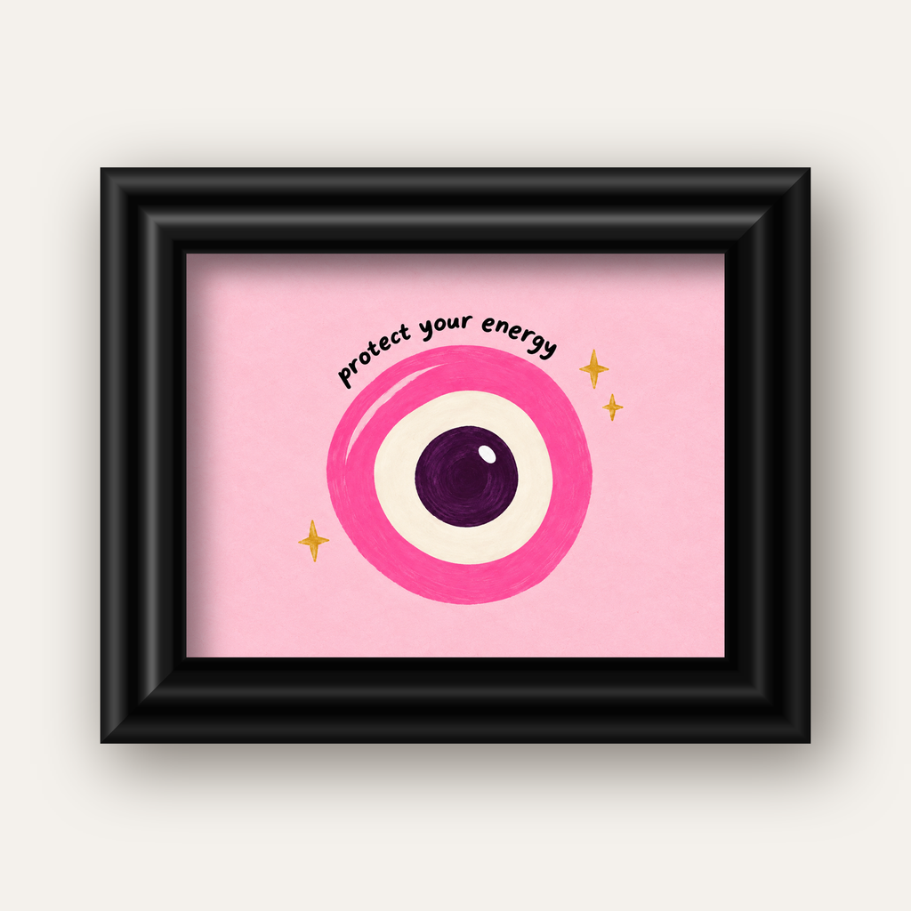 Protect Your Energy Pembe Nazar Poster — siyah galeri çerçeveli