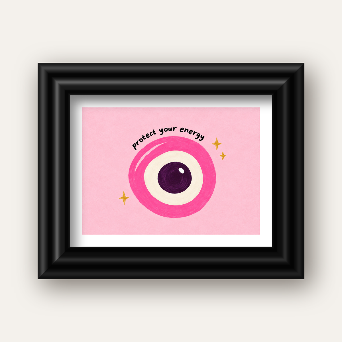 Protect Your Energy Pembe Nazar Poster — siyah galeri çerçeveli paspartulu