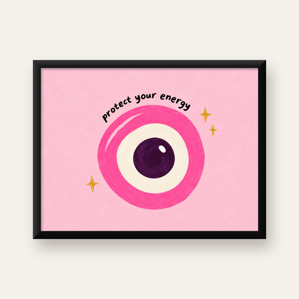 Pembe Nazar Boncuğu İllüstrasyonlu Modern Poster, Suluboya — Yatay baskı, düz siyah çerçeveli duvar posteri