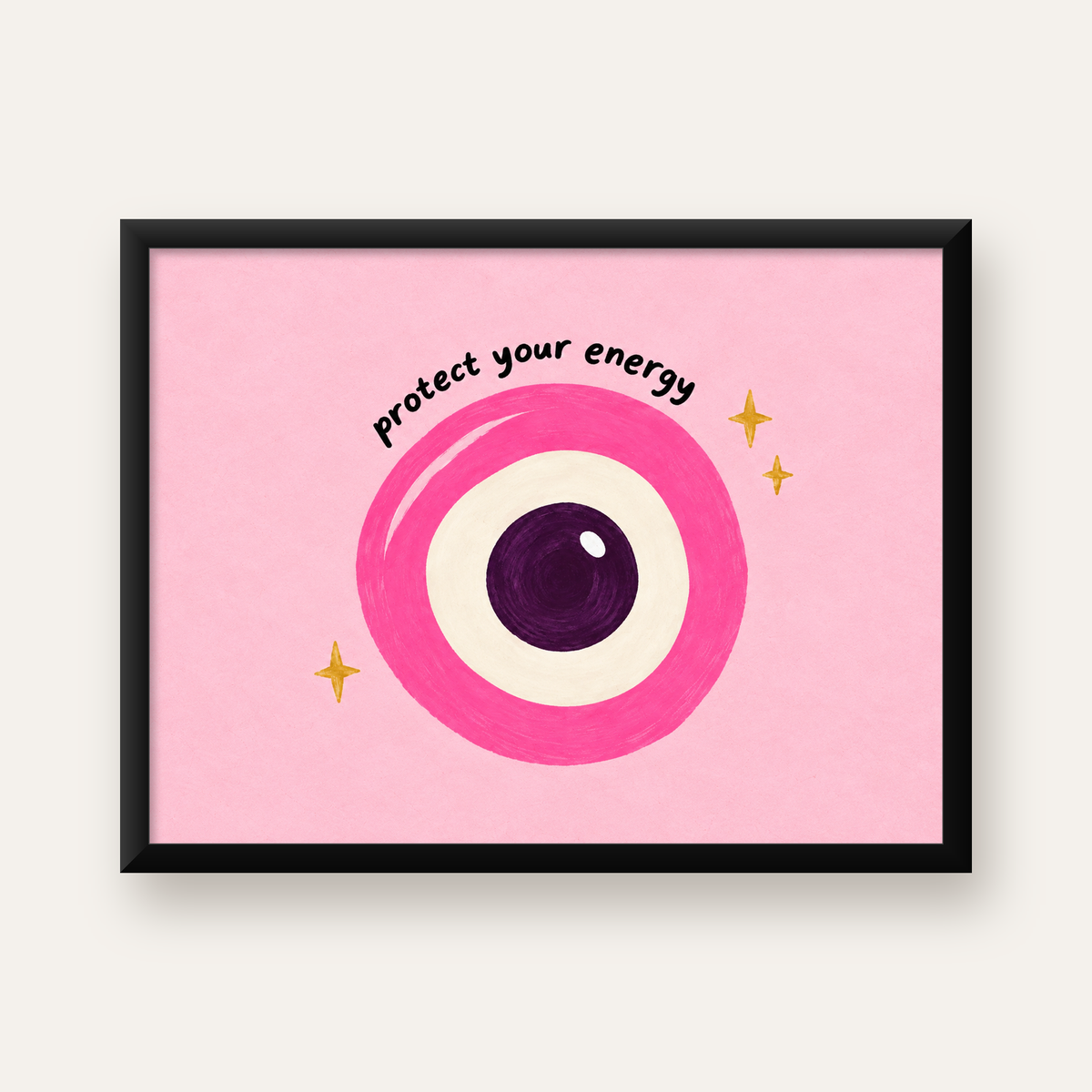 Pembe Nazar Boncuğu İllüstrasyonlu Modern Poster, Suluboya — Yatay baskı, düz siyah çerçeveli duvar posteri