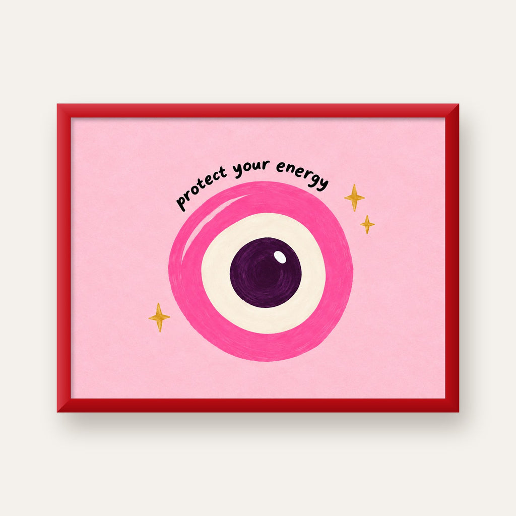 Protect Your Energy Pembe Nazar Poster — kırmızı çerçeveli