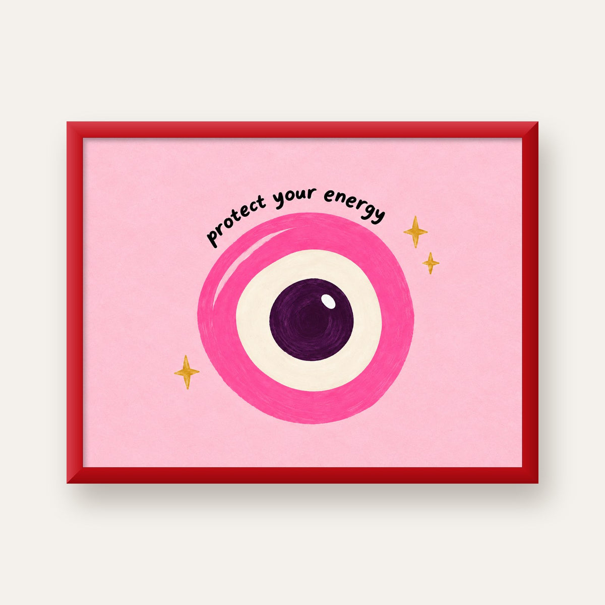 Protect Your Energy Pembe Nazar Poster — kırmızı çerçeveli
