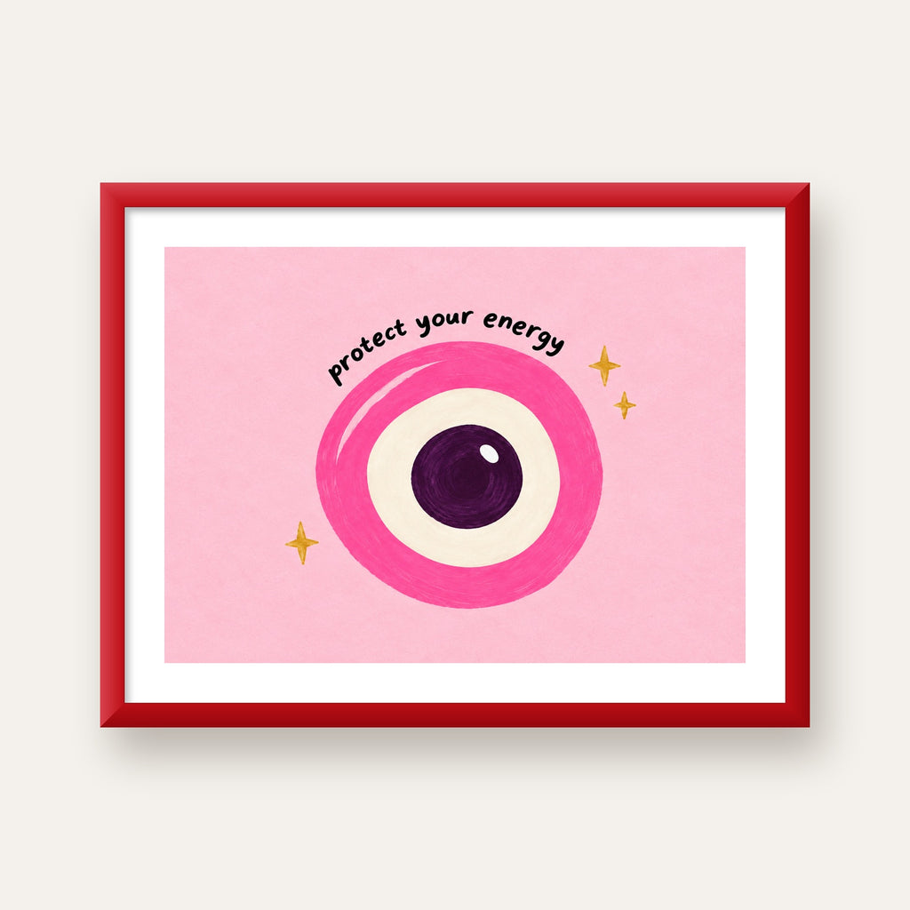 Protect Your Energy Pembe Nazar Poster — kırmızı çerçeveli paspartulu