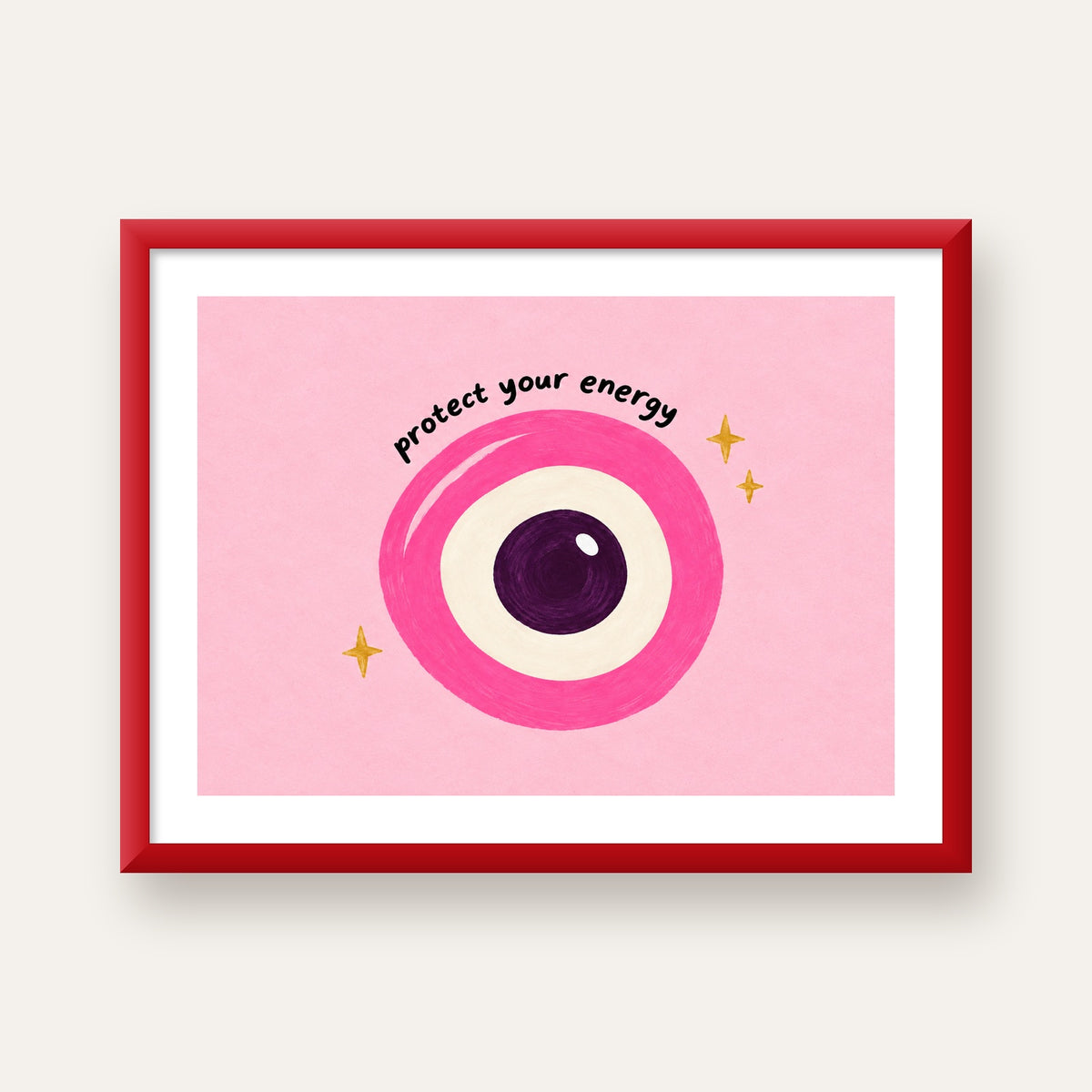 Protect Your Energy Pembe Nazar Poster — kırmızı çerçeveli paspartulu