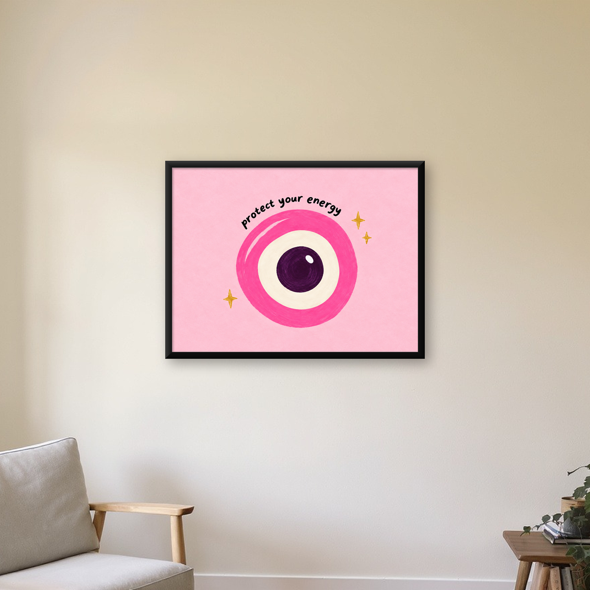 Pembe Nazar Boncuğu İllüstrasyonlu Modern Poster, Suluboya — Yatay baskı, çerçeveli hâliyle bir ev duvarında