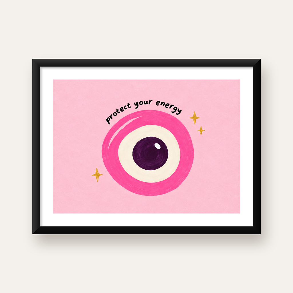 Pembe Nazar Boncuğu İllüstrasyonlu Modern Poster, Suluboya — Yatay baskı, beyaz kenar boşluklu