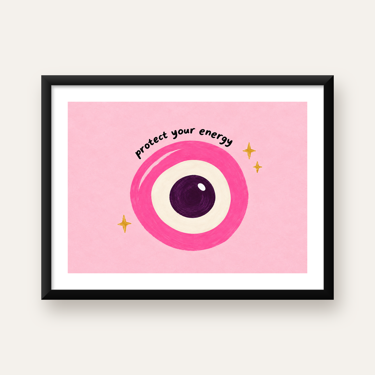 Pembe Nazar Boncuğu İllüstrasyonlu Modern Poster, Suluboya — Yatay baskı, beyaz kenar boşluklu