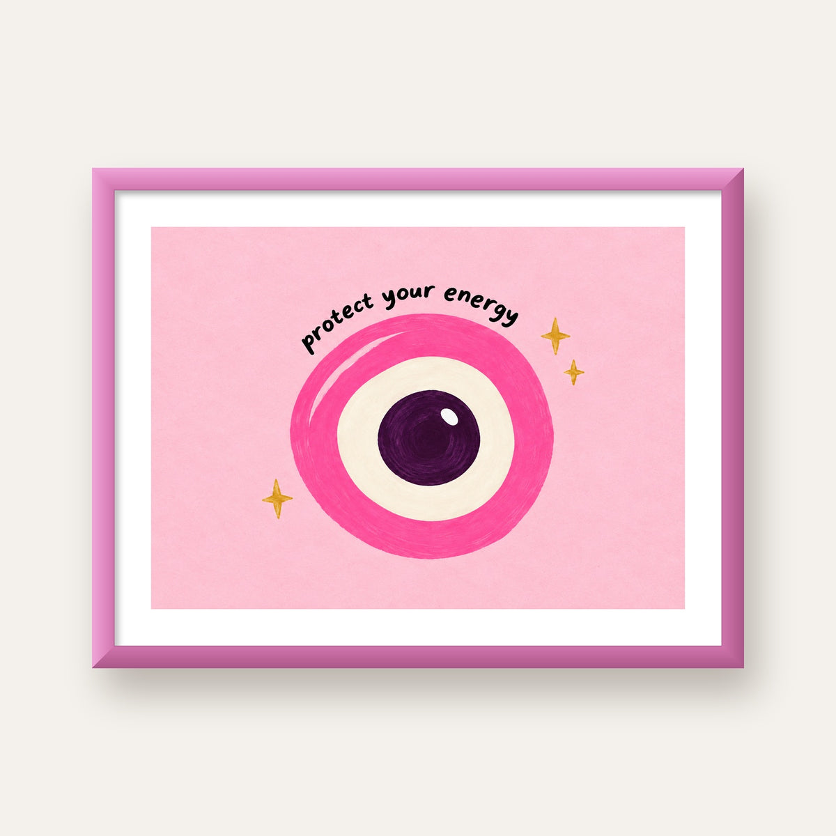 Protect Your Energy Pembe Nazar Poster — pembe çerçeveli paspartulu