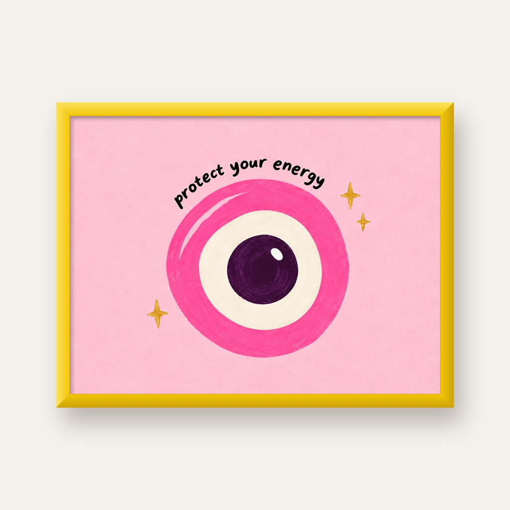 Protect Your Energy Pembe Nazar Poster — sarı çerçeveli