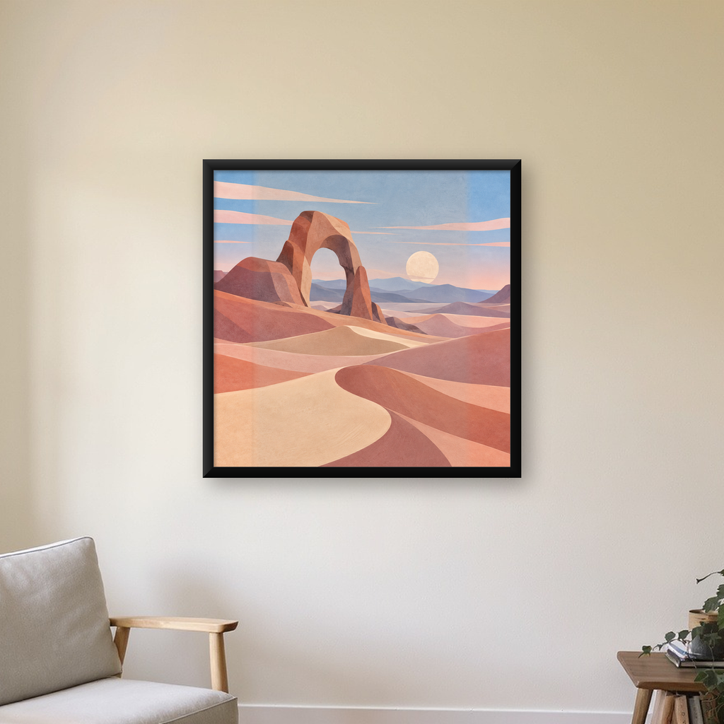 Pastel Çöl Manzarası ve Kaya Kemeri Dijital Poster — Kare baskı, çerçeveli hâliyle bir ev duvarında