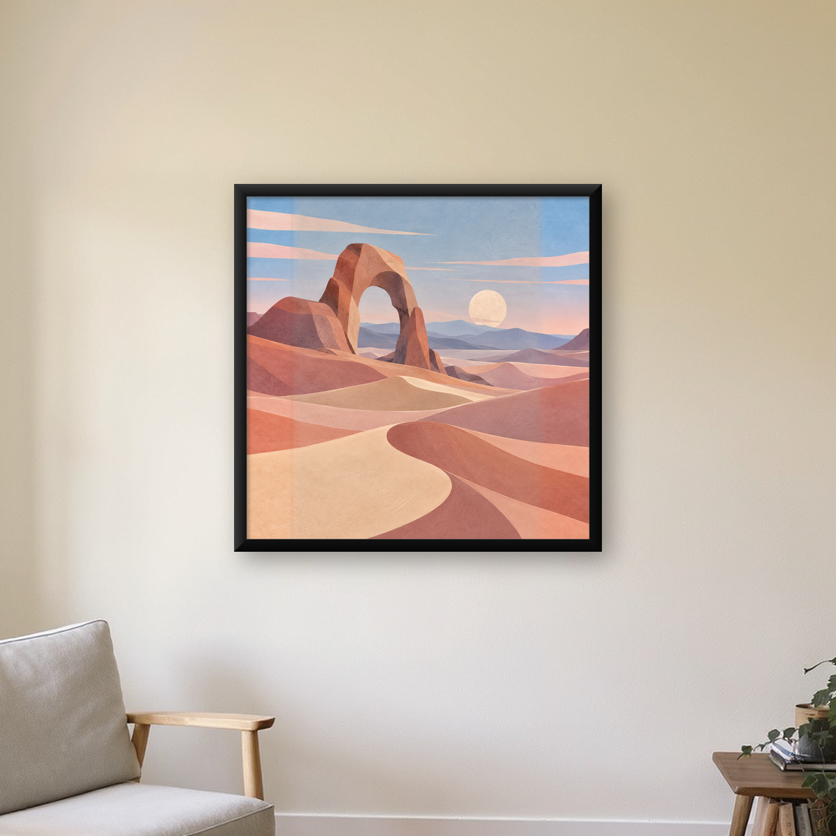 Pastel Çöl Manzarası ve Kaya Kemeri Dijital Poster — Kare baskı, çerçeveli hâliyle bir ev duvarında