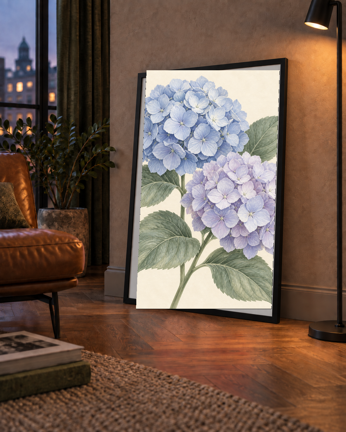 Mavi ve Mor Ortanca Akvarel Poster – Çiçekli Duvar Dekoru