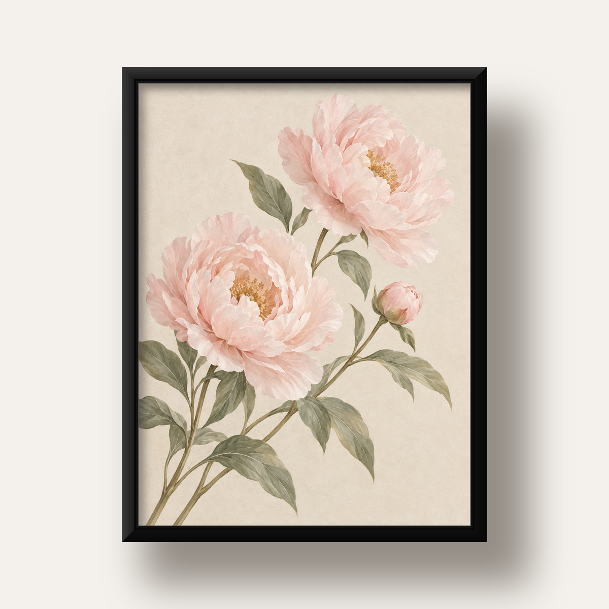 Pembe Şakayık Akvarel Poster – Zarif Çiçek Duvar Dekoru — siyah derin çerçeveli