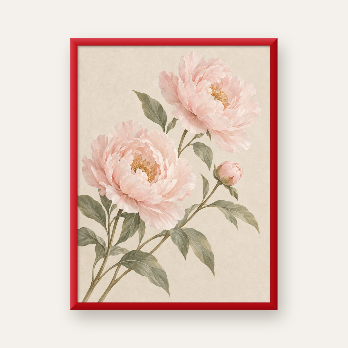 Pembe Şakayık Akvarel Poster – Zarif Çiçek Duvar Dekoru — kırmızı çerçeveli