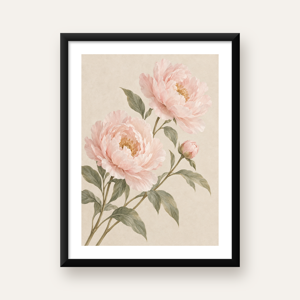 Pembe Şakayık Akvarel Poster – Zarif Çiçek Duvar Dekoru — Dikey baskı, beyaz paspartulu
