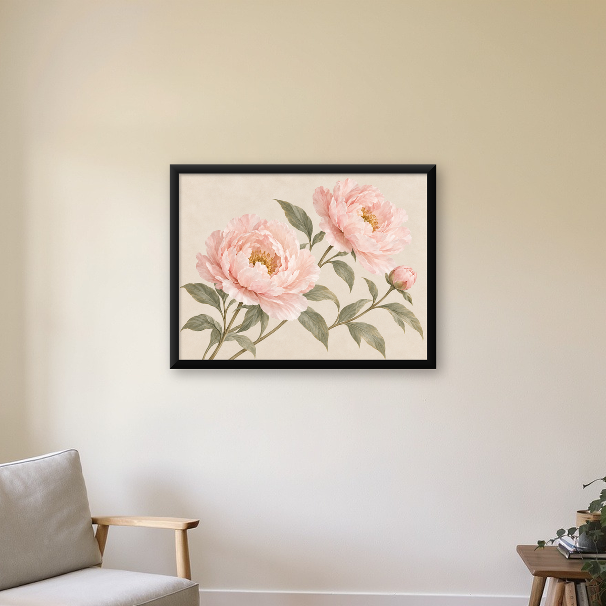 Pembe Şakayık Akvarel Poster – Zarif Çiçek Duvar Dekoru — Yatay baskı, çerçeveli hâliyle bir ev duvarında
