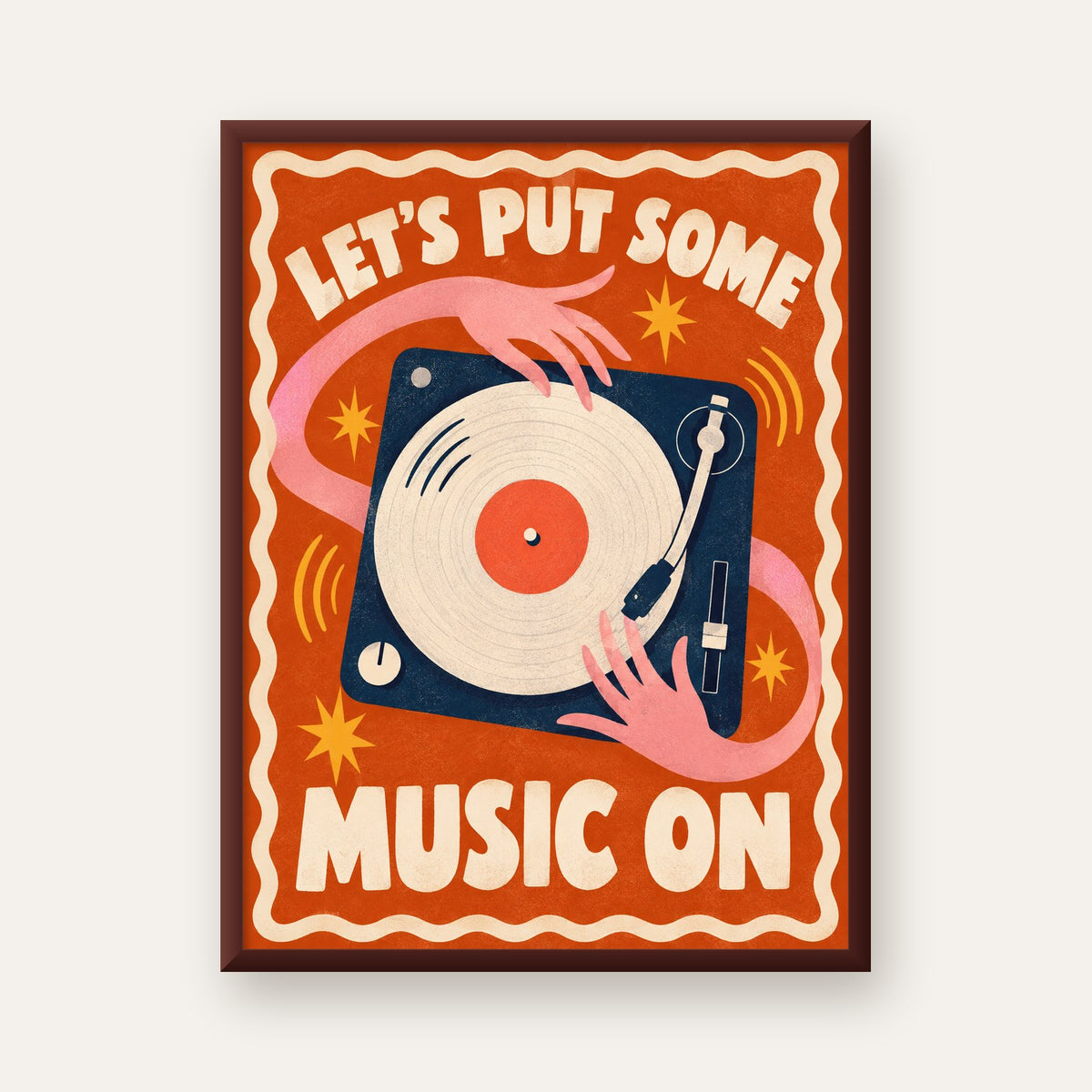 Retro Pikap ve Müzik Temalı Renkli Poster – Vintage Tarz Dekor — ceviz çerçeveli