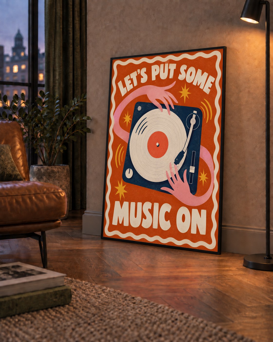Retro Pikap ve Müzik Temalı Renkli Poster – Vintage Tarz Dekor — çerçeveli hâliyle bir ev duvarında