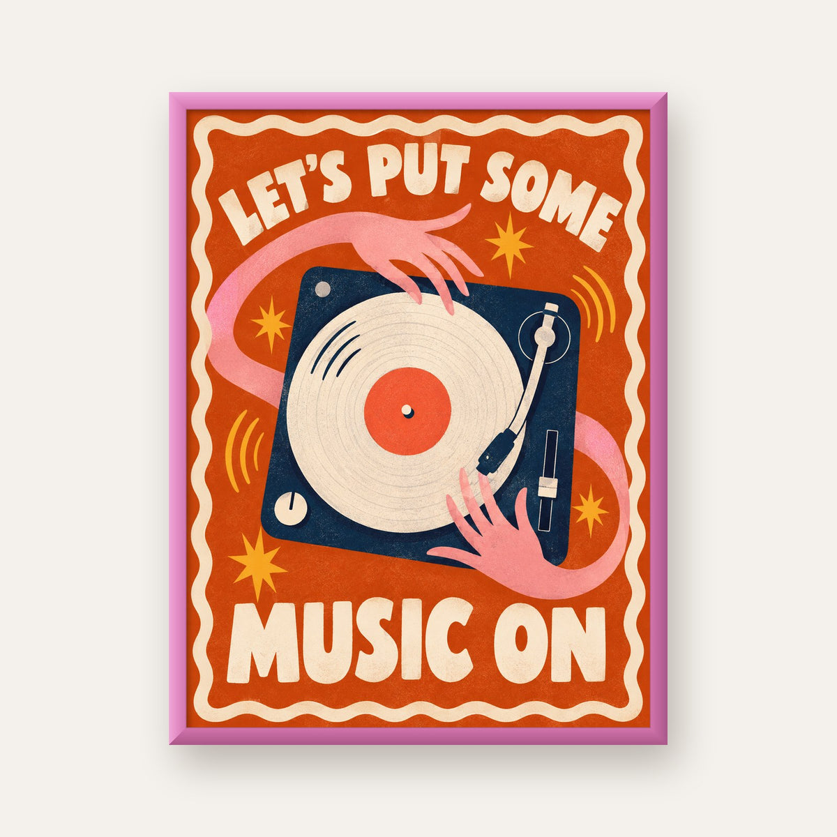 Retro Pikap ve Müzik Temalı Renkli Poster – Vintage Tarz Dekor — pembe çerçeveli