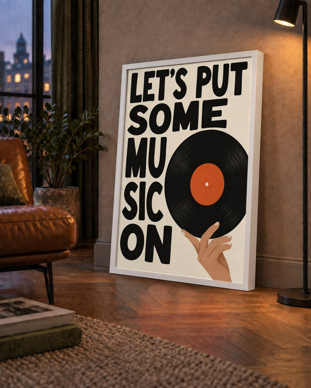 Let’s Put Some Music On – Vinil Plak Temalı Retro Poster — çerçeveli hâliyle bir ev duvarında