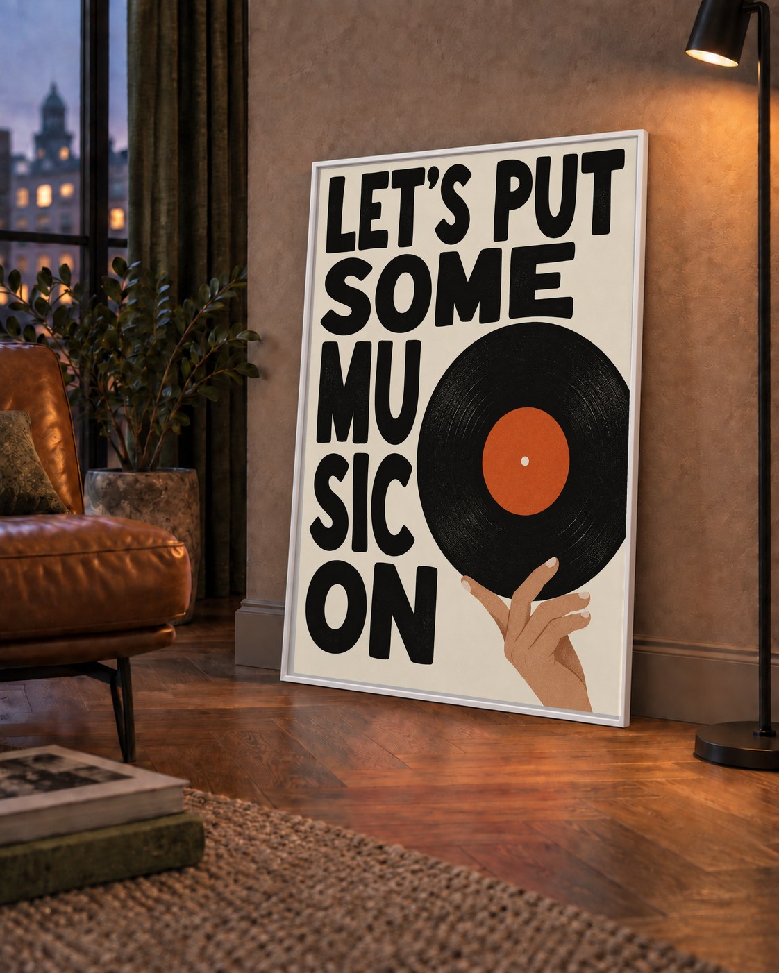 Let’s Put Some Music On – Vinil Plak Temalı Retro Poster — çerçeveli hâliyle bir ev duvarında