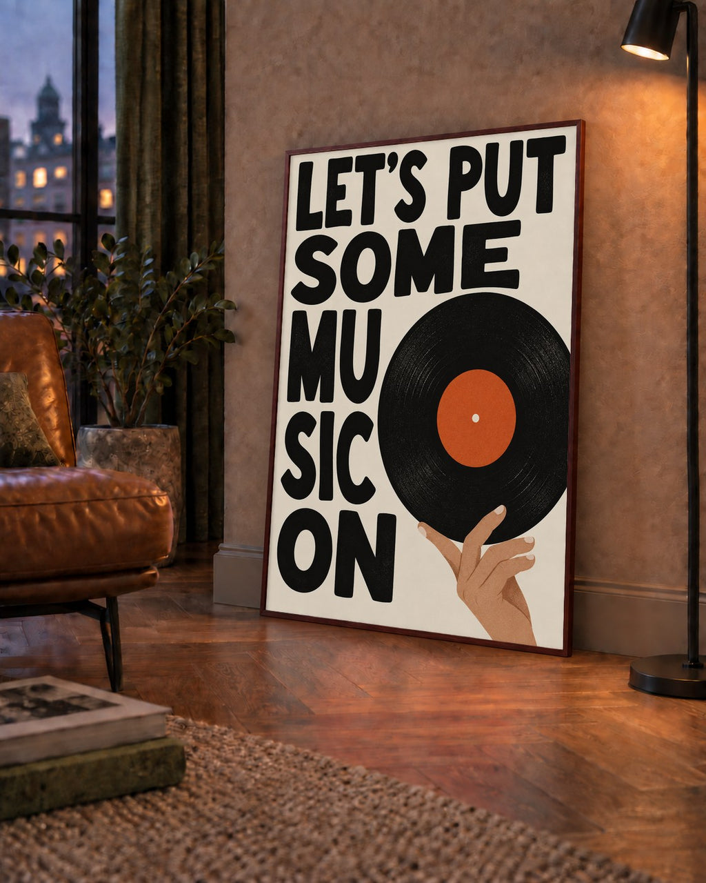 Let’s Put Some Music On – Vinil Plak Temalı Retro Poster — çerçeveli hâliyle bir ev duvarında