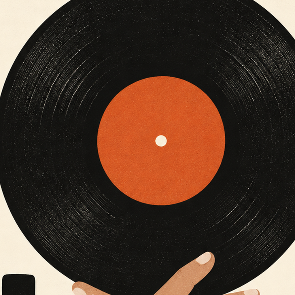 Let’s Put Some Music On – Vinil Plak Temalı Retro Poster — baskının yakın çekimi, kâğıt dokusu ve renk detayı