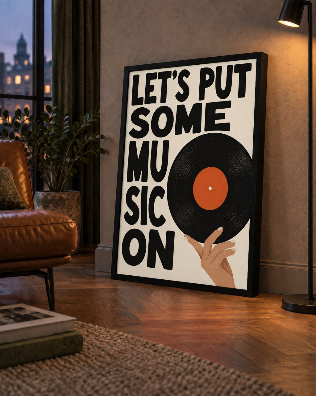Let’s Put Some Music On – Vinil Plak Temalı Retro Poster — çerçeveli hâliyle bir ev duvarında