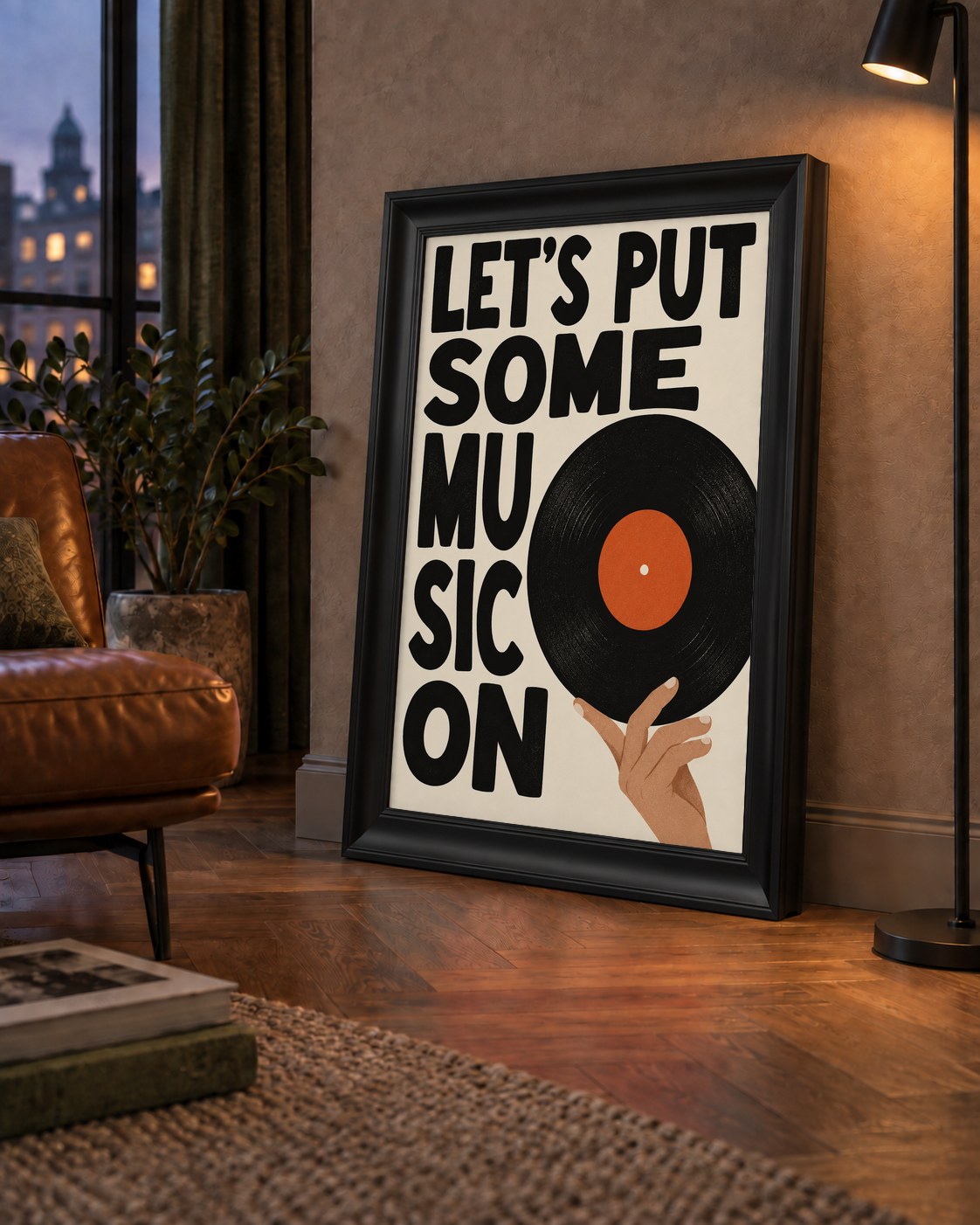 Let’s Put Some Music On – Vinil Plak Temalı Retro Poster — çerçeveli hâliyle bir ev duvarında